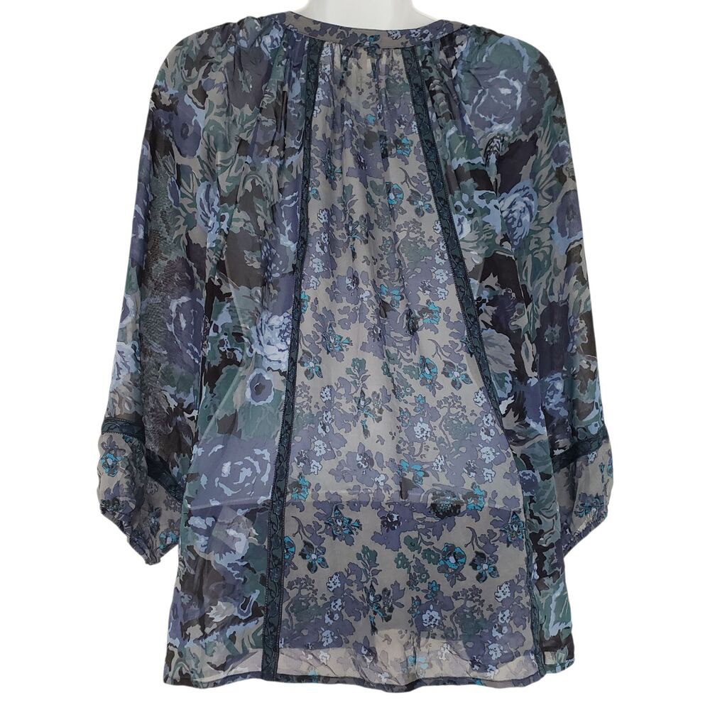 Joie Anthropologie Silk Top Womens M Floral Georgette Sheer V-Neck 3/4 Sleeve - Picture 7 of 10